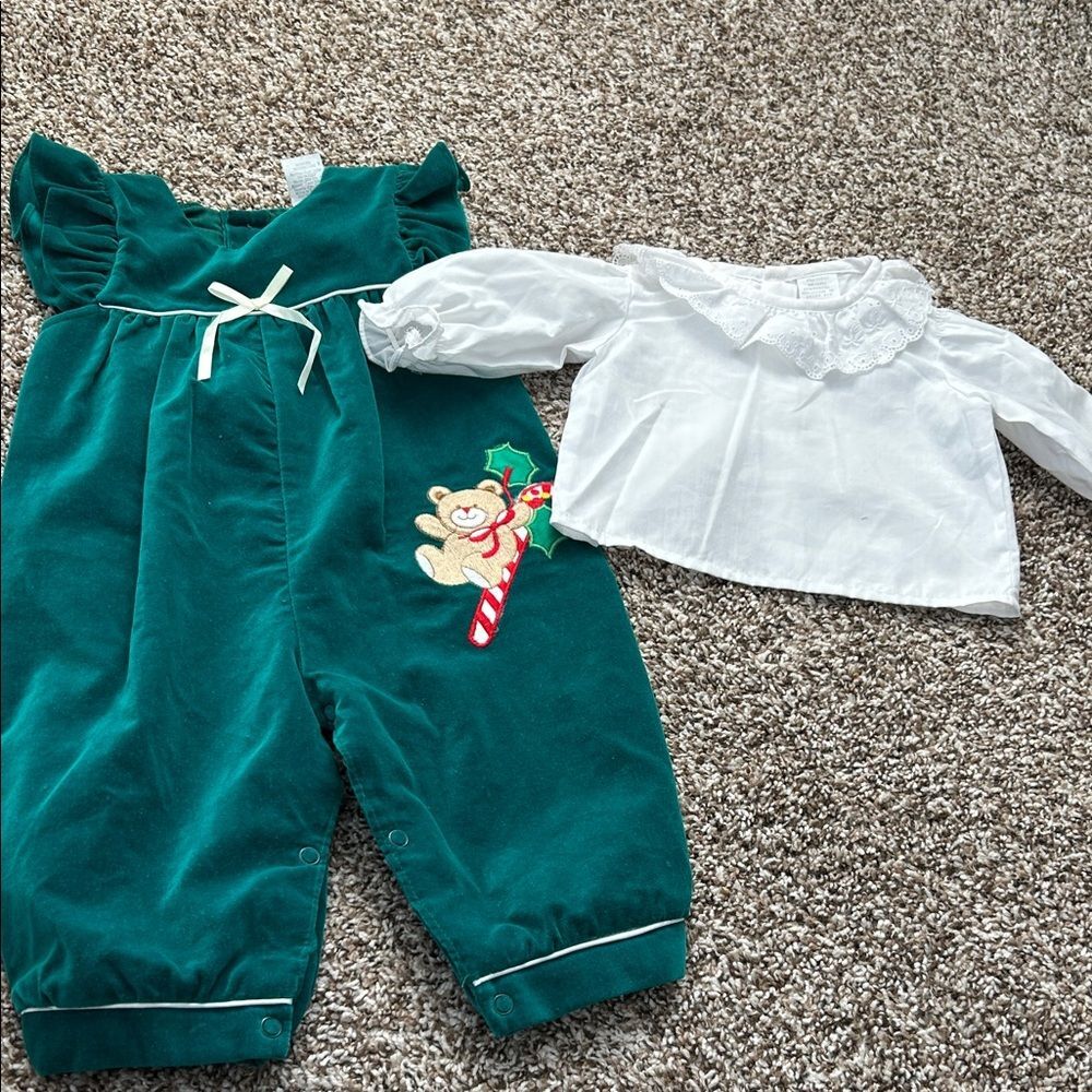 Vintage 80s Green and White Kids Christmas Candy Cane Bear Romper Blouse - Picture 16 of 16